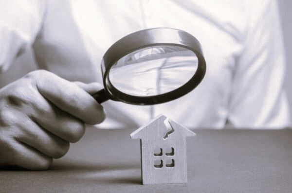 En fastighetsförvaltare ser på en fastighet med förstoringsglas.